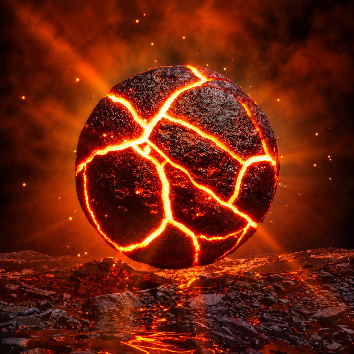 Diabolical album cover: a cracked sphere glowing with magma above dark rock